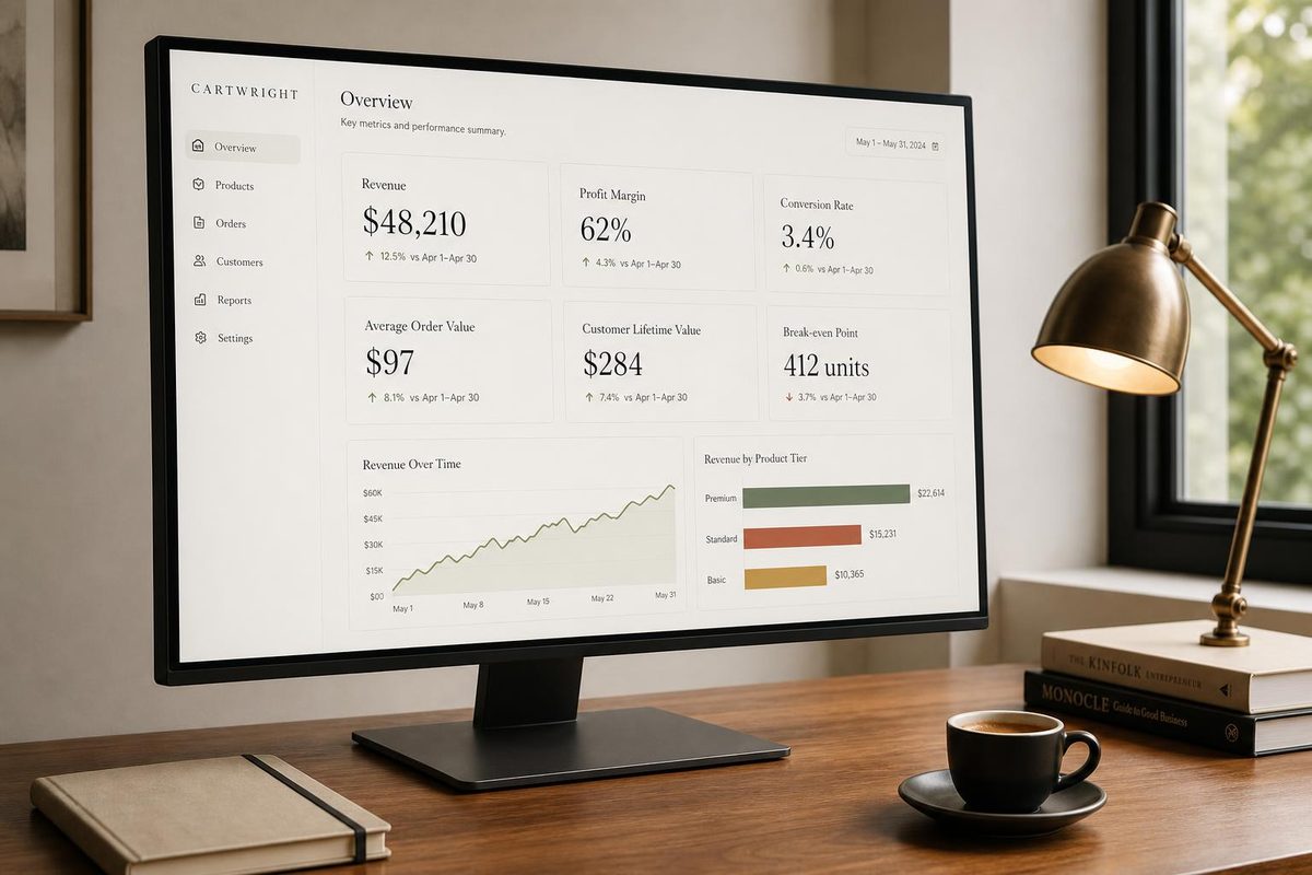 A minimal editorial analytics dashboard on a walnut desk showing revenue, profit margin, conversion rate, average order value, customer lifetime value, and break-even point KPIs.