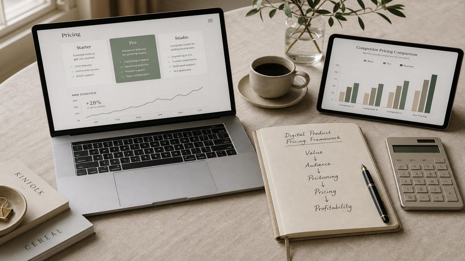 A notebook showing a hand-drawn pricing ladder beside a laptop and calculator.