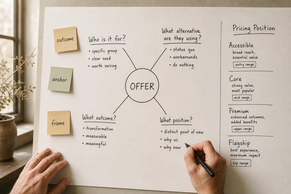A founder maps a digital product pricing strategy on a large studio sketchpad — offer, audience, alternative, outcome, and pricing position branches drawn out by hand.